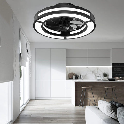 Compact 19 Inch Ceiling Fan With Lights And Smart App Control, Remote Included, Low Profile Flush Mount in modern kitchen