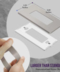 Glossy Screwless Decorator Wall Plate for 1 Gang Outlet, Kid Safe Nickel Finish, hands holding plate, dimensions shown
