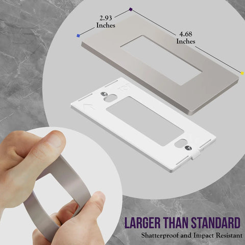 Glossy Screwless Decorator Wall Plate for 1 Gang Outlet, Kid Safe Nickel Finish, hands holding plate, dimensions shown