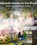 Outdoor gathering with Adjustable Outdoor Standing Misters For Patio Cooling with four directional nozzles by a BBQ grill.