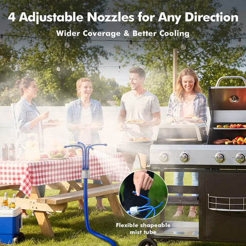 Outdoor gathering with Adjustable Outdoor Standing Misters For Patio Cooling with four directional nozzles by a BBQ grill.