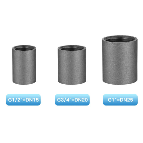 One Inch Internal Thread Pipe Coupling In Malleable Iron For DIY Plumbing Decor And Furniture Projects shown in three sizes