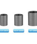 Half Inch Internal Thread Malleable Iron Pipe Couplings For DIY Plumbing, Heavy Duty Black Iron Fittings Pack Of 20, Steampunk Vintage Shelf Brackets And Furniture Pipe Decor, Half Inch Threads. Three sizes comparison.