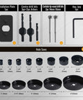 KENDO hole saw kit, 23 pcs, front view with mandrels, bits, installation plate and storage case; saws 3/4–6 in (19–152 mm).