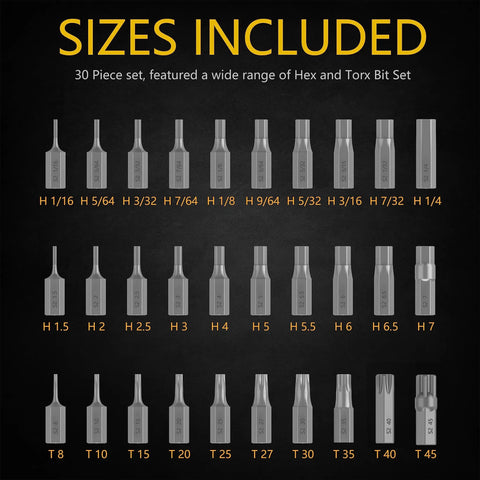 Durable 30 Piece Screwdriver Bit Set With 1 Inch Bits, 1 Quarter Hex Shank, Metric And SAE Hex, Torx Bits, S2 Steel Construction