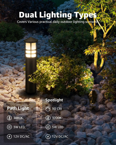 Low Voltage Landscape Lighting Kit With Eight Path Lights And Four Spotlights For Garden, Path, Yard And Patio, dual types shown
