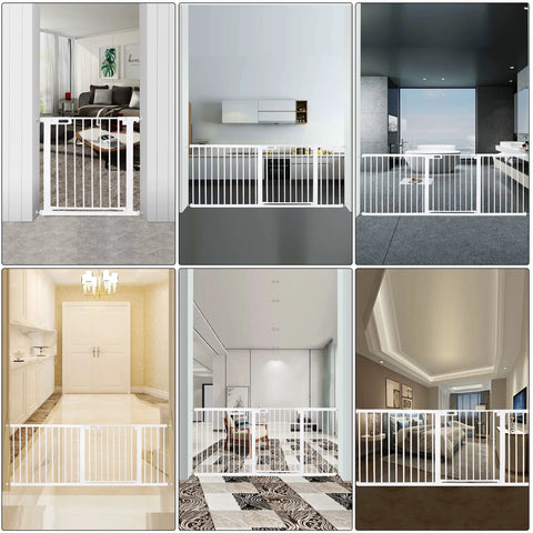 Extra Wide Walk Through Baby Gate For Kids And Pets, Durable Safety Gate For Stairs And Doorways, Easy Install Pressure Mounted No Drilling, Fits 70.87 To 73.62 Inches shown in various interiors