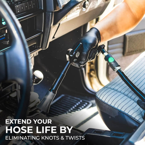Person using Ultra Air Hose Swivel Kit with articulating swivel in tight car interior for air tools and hoses