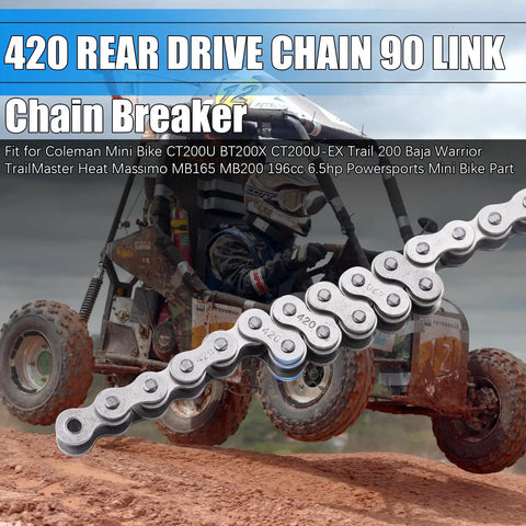 420 Rear Drive Chain 90 Link With Chain Breaker Tool displayed on mini bike with dirt track background