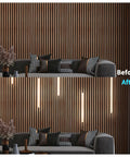 Before and after of wood slat wall with 6 Piece Self Adhesive LED Recessed Lighting Kit With Smart Switch 3000K Touch Switch installed.