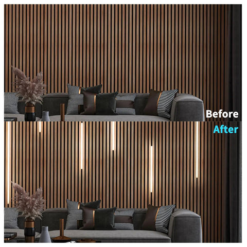 Before and after of wood slat wall with 6 Piece Self Adhesive LED Recessed Lighting Kit With Smart Switch 3000K Touch Switch installed.