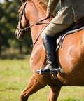 Rider using two piece horse spurs set for cowboy boots with adjustable leather spur straps, stainless steel with copper gears