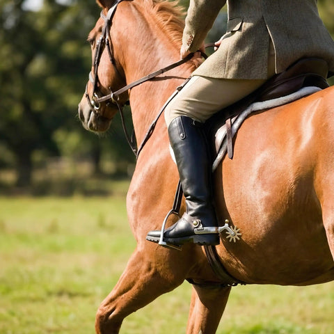 Rider using two piece horse spurs set for cowboy boots with adjustable leather spur straps, stainless steel with copper gears