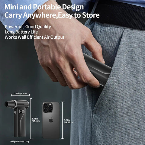Rechargeable Electric Air Duster with 110000 RPM Brushless Motor being placed in pant pocket for portability