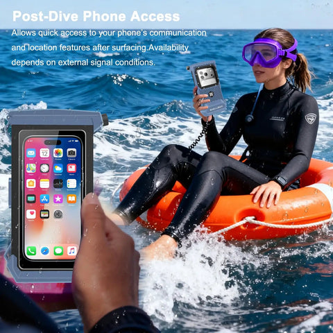 Diver floating with fully submersible diving phone case with full touchscreen access near ocean, using phone in IPX8 housing.