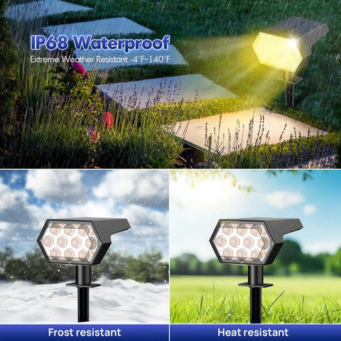 Upgraded Outdoor Solar Lights IP65 Waterproof 92 LED Spotlights in frost and heat resistant settings for garden pathways