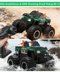 Remote Control Monster Truck Toy One To Sixteen Scale Waterproof All Terrain RC Car with green body on rocky terrain and water