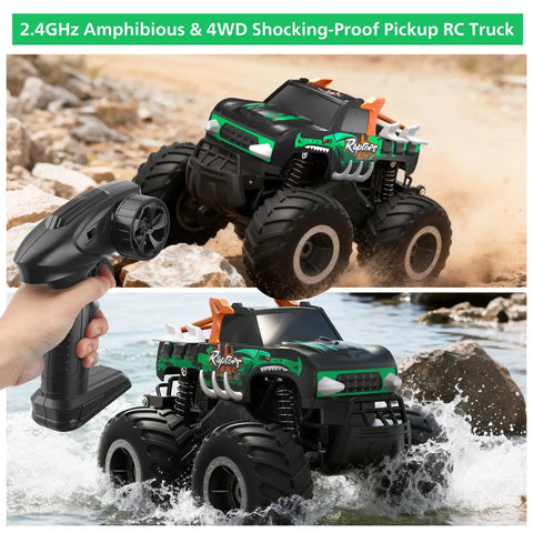 Remote Control Monster Truck Toy One To Sixteen Scale Waterproof All Terrain RC Car with green body on rocky terrain and water