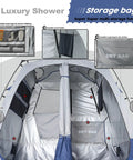 Pop Up Portable Camping Shower Tent Deluxe Changing Room Privacy Shelter Two Rooms With Floor Drain For Beach Camp And Hiking Easy Setup No Tools Stakes And Ropes For Stability, interior view with storage bags and mesh holders visible