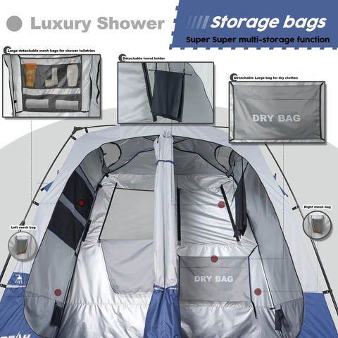 Pop Up Portable Camping Shower Tent Deluxe Changing Room Privacy Shelter Two Rooms With Floor Drain For Beach Camp And Hiking Easy Setup No Tools Stakes And Ropes For Stability, interior view with storage bags and mesh holders visible