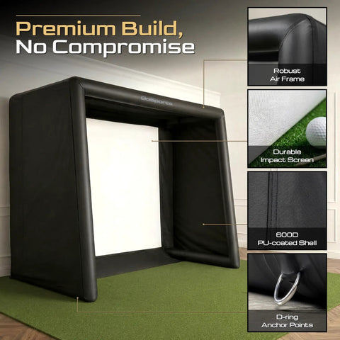 Inflatable Golf Simulator Enclosure 12 X 9 Ft For Indoor Outdoor Use, showcasing robust air frame, impact screen, PU shell.