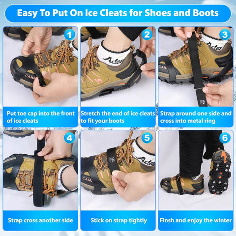 Instructions for fitting Upgraded Ice Cleats For Shoes And Boots With 12 Stainless Steel Spikes No Slip Traction Cleats