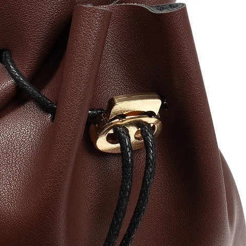 Close-up view of the drawstring and snap closure of the Badass Brown Leather Belt Pouch For Medieval Renaissance And Viking Larp Cosplay.