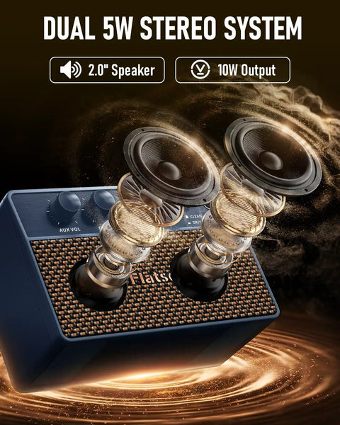 Visual of Dope 10W Mini Portable Guitar Amplifier With Clean And Drive Tones, showcasing dual 5W stereo speakers and vintage grille.