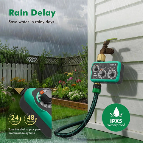 Three Dial Analog Sprinkler Timer With Brass Inlet And Outlet For Garden Hose on wall, showing rain delay feature in use