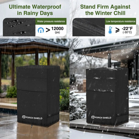 Fade Resistant Square Patio Fire Column Cover 21 Inch Waterproof Outdoor Tall Fire Pit Cover With 600D Polyester Fabric And Sealed Double Stitched Seams covering two fire columns in rain and snow.