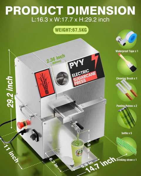 Heavy Duty Electric Sugarcane Juicer Machine With Three Rollers For Commercial Countertop Use High Yield 300Kg Per Hour Stainless Steel dimensions with accessories.