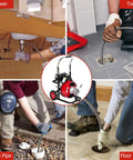 Heavy Duty Auto Feed Electric Drain Snake That Smashes Through Stubborn Clogs No Sweat With Pro Grade 100 Foot Tangle Free Cable in use for toilet and floor drain.