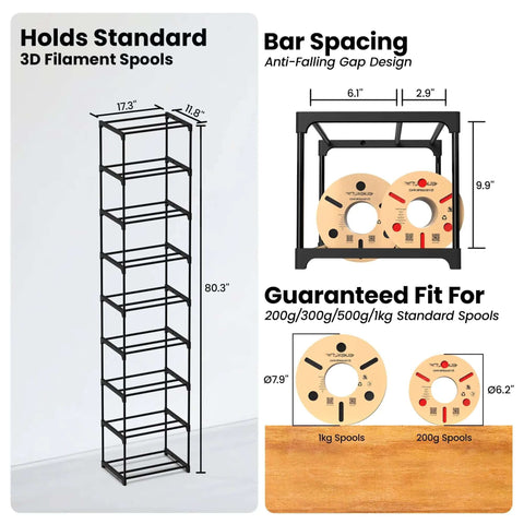 Diagram of high capacity 54 spools of 1kg 3D printer filament storage rack with dimensions and spool examples. Modular design.