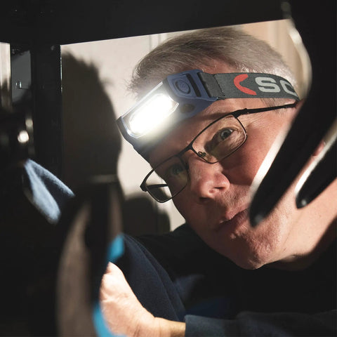 Man using Rechargeable COB LED Headlamp With Panoramic Beam Touchless On Off Sensor 400 Lumens Lightweight Work Light