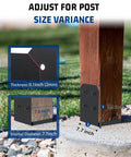 Built Tough 8x8 Deck Post Base Brackets 4 Pack For Pergola Gazebo on concrete showing measurements and black powder coating