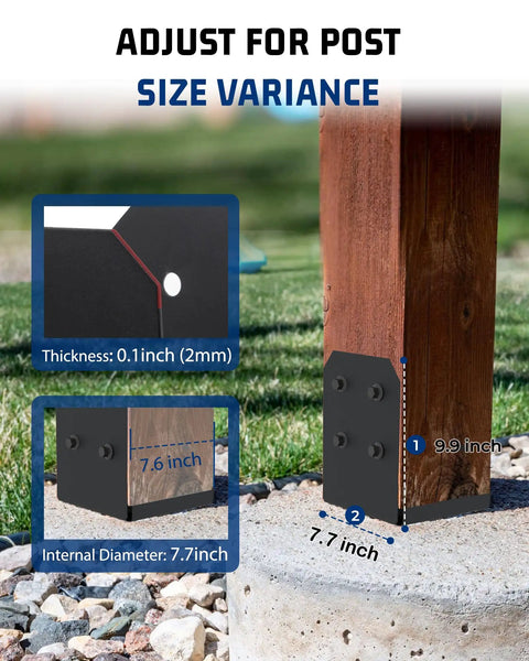 Built Tough 8x8 Deck Post Base Brackets 4 Pack For Pergola Gazebo on concrete showing measurements and black powder coating
