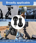 Aluminum 20mm Ball Mount Adapter With One Quarter Twenty Threaded Stud For Action Cameras And RAM Mounts Compatible With Insta360 One X3 X2 R RS GoPro DJI Osmo Phone Holders 20mm Ball Head Socket Arm, shown in bike, car and motorcycle mounts