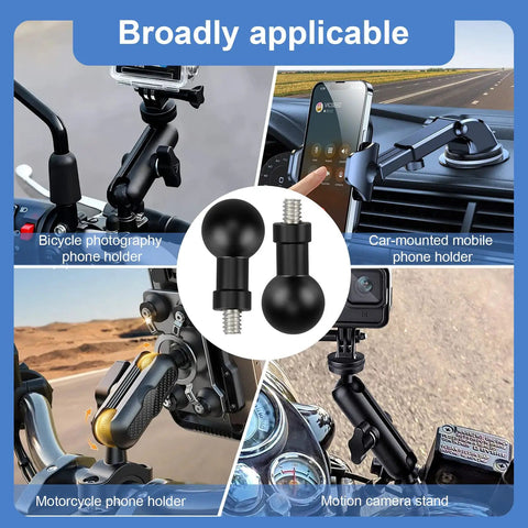 Aluminum 20mm Ball Mount Adapter With One Quarter Twenty Threaded Stud For Action Cameras And RAM Mounts Compatible With Insta360 One X3 X2 R RS GoPro DJI Osmo Phone Holders 20mm Ball Head Socket Arm, shown in bike, car and motorcycle mounts