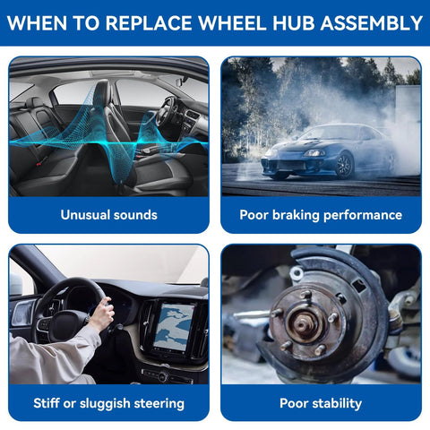 Signs for replacing wheel hub assembly: unusual sounds, poor braking, stiff steering, and poor stability shown in four images.