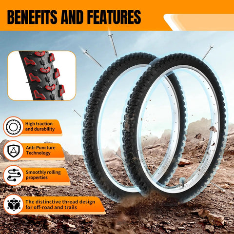 2 Pack 24 Inch Mountain Bike Tire Set Foldable Puncture Resistant Tires With 24 By 1.75 2.125 Inch Tubes And Repair Tool Kit For Off Road Riding Ready For Rough Trails shown on rocky terrain highlighting features like high traction, anti-puncture, and distinctive treads for off-road trails.