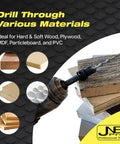 Drill bit penetrating plywood and MDF with text about material compatibility, showcasing Pro Grade Woodworking Countersink And Plug Cutter Set.