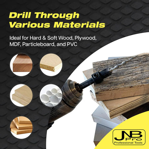 Drill bit penetrating plywood and MDF with text about material compatibility, showcasing Pro Grade Woodworking Countersink And Plug Cutter Set.