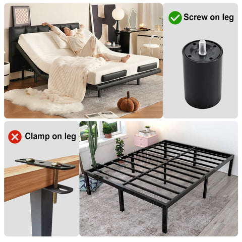 Adjustable Bed Leg Replacement Set For Bed Base Frame DIY Friendly, showing bed frame with 12-inch screw-in legs, 4-pack focus.