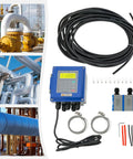 Clamp-On Portable Ultrasonic Flow Meter With 2 TM-1 Transducers, Digital Liquid Flow Sensor For Water, Chemicals, And Energy, DN32 To DN6000mm, Fixed Clamp Design, includes cables and probes shown with industrial pipes, IP67/IP68 protection.