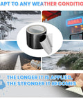 Heavy Duty Waterproof Repair Tape For Fabric Tents Awnings RV Roofs Tarps Boat Covers And Outdoor Gear UV Proof Tear Resistant Multipurpose Black Patch with images of diverse weather conditions.