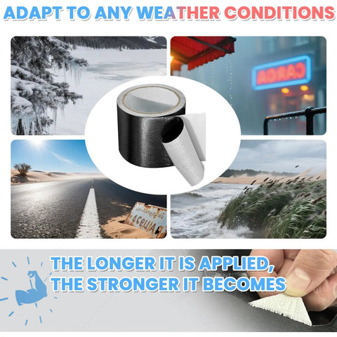 Heavy Duty Waterproof Repair Tape For Fabric Tents Awnings RV Roofs Tarps Boat Covers And Outdoor Gear UV Proof Tear Resistant Multipurpose Black Patch with images of diverse weather conditions.
