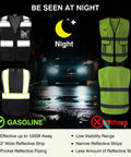 Heavy Duty Class Two Hi Vis Safety Vest Zip Front Five Pocket Tool Storage Unisex Workwear Ansi Isea Compliant Job Site Ready Reflective Gear Built Tough Black Three X Large Crew Approved, showcased at night.