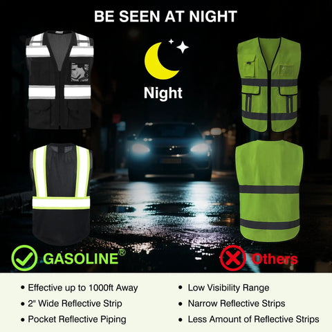 Heavy Duty Class Two Hi Vis Safety Vest Zip Front Five Pocket Tool Storage Unisex Workwear Ansi Isea Compliant Job Site Ready Reflective Gear Built Tough Black Three X Large Crew Approved, showcased at night.