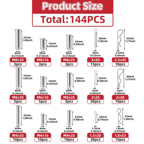 144 Piece Clevis Pin And Cotter Pin Kit With 15 Sizes Zinc Plated Flat Head Pins R Clips Hair Pin Assortment Chart