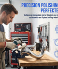 Man using 6 Pack Soft White Polishing Pads For Drill With 1/4 Inch Shank to buff shiny metal surface in workshop.